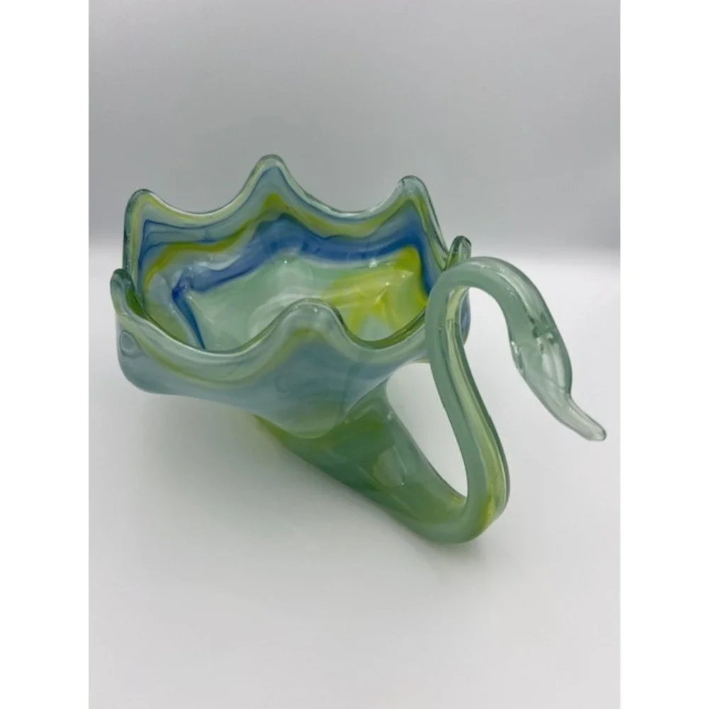 Vintage Art Glass Swan Bowl Blue Green Yellow Swirl Ruffled Edge Centerpiece
